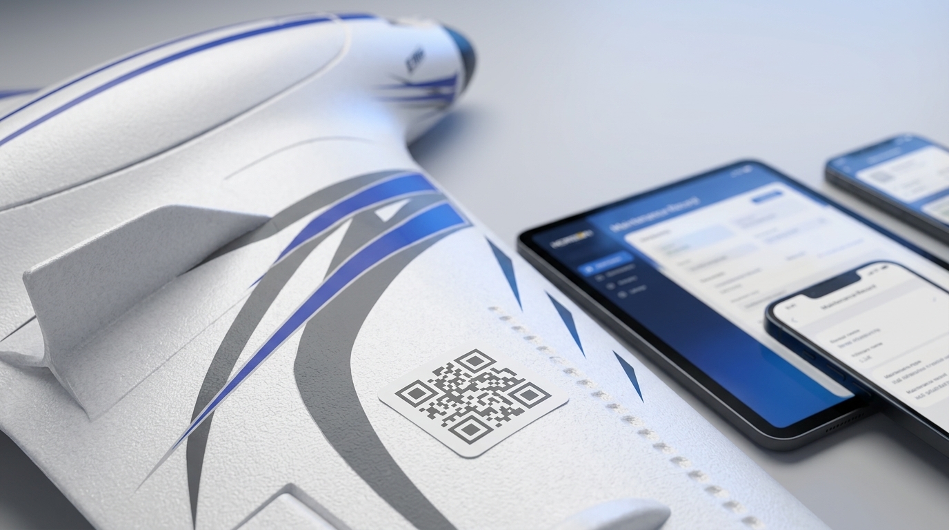 QR traceability closeup on aircraft wing