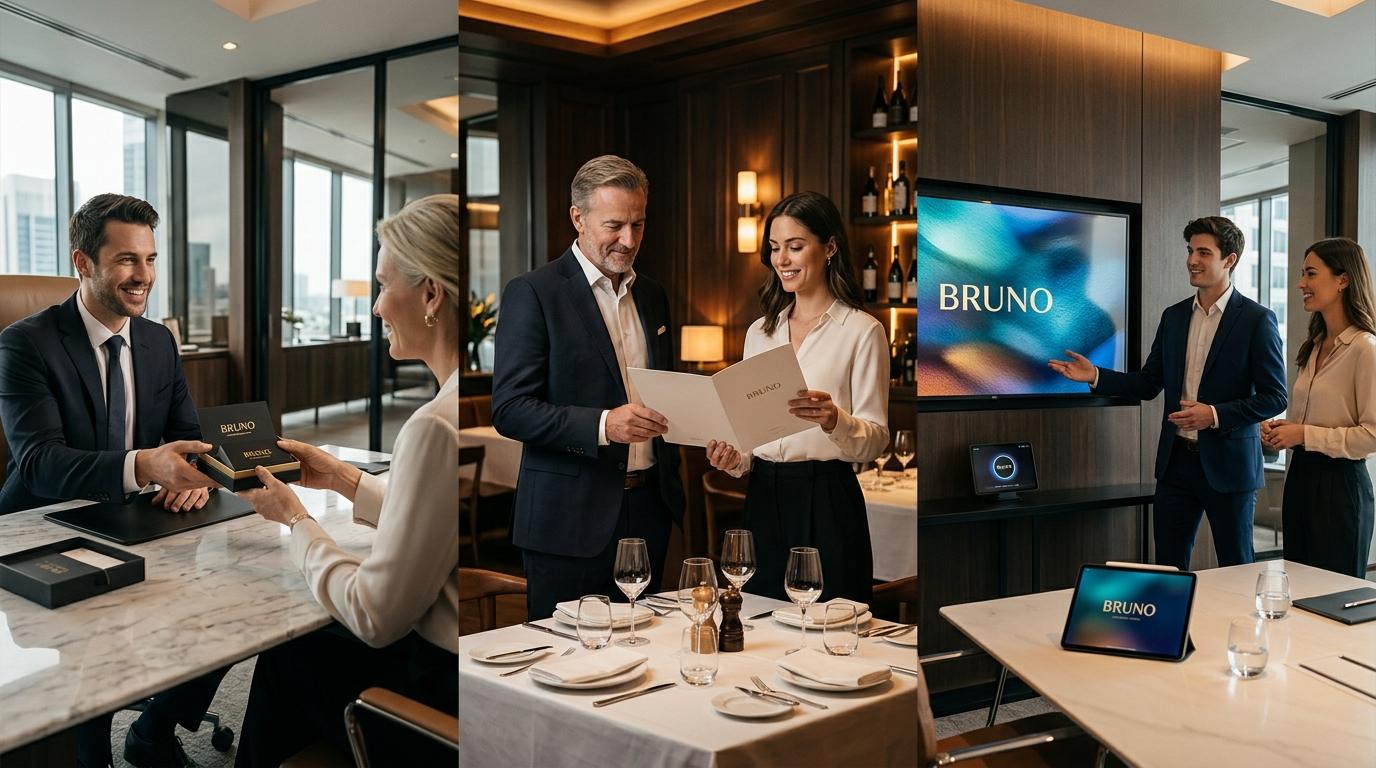 Premium business deliverables being presented, including business cards, menus, and a presentation deck