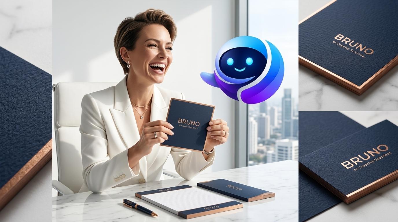 Bruno showing a businesswoman a premium business card design