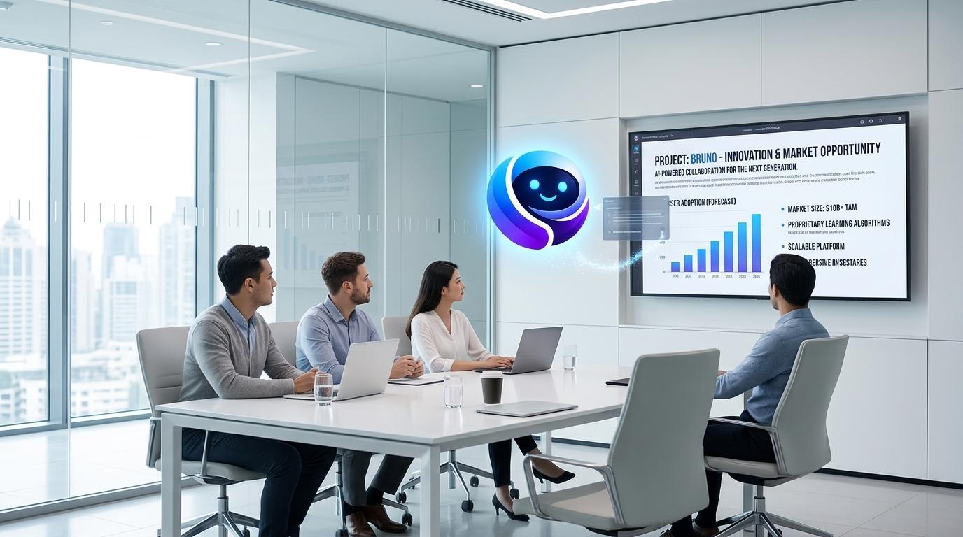 Bruno helping professionals review a sharp presentation deck on a large screen