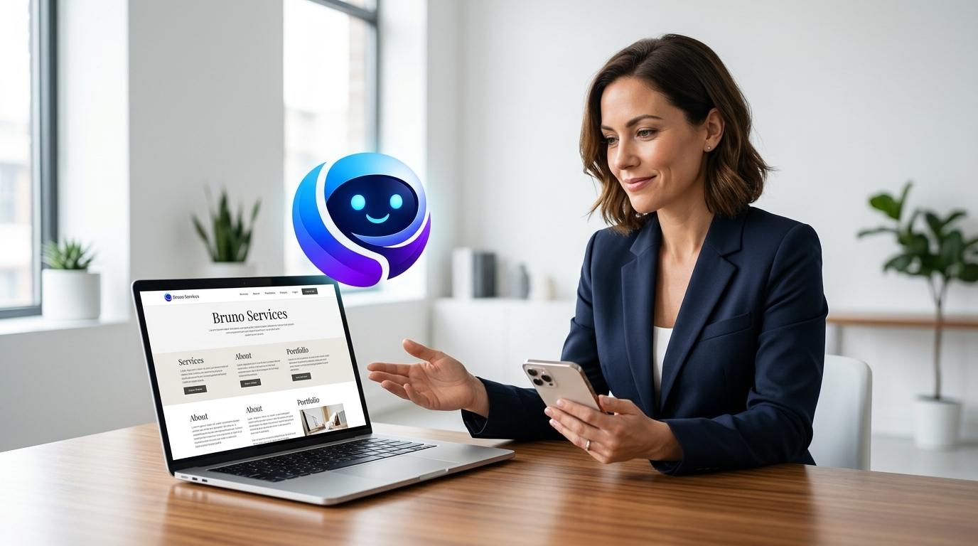Bruno helping a business owner check the same live website on phone and laptop