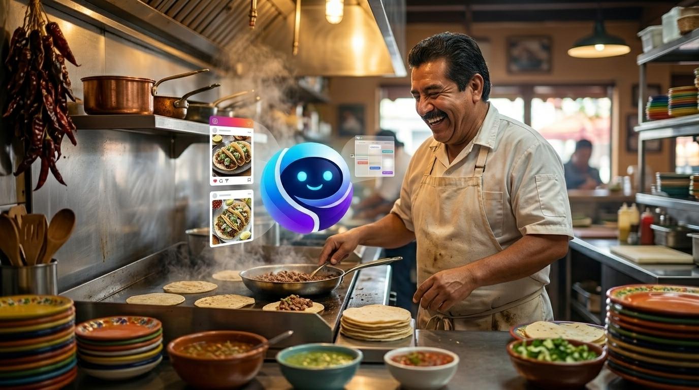 Bruno helping a taco restaurant owner with social media while he cooks and laughs