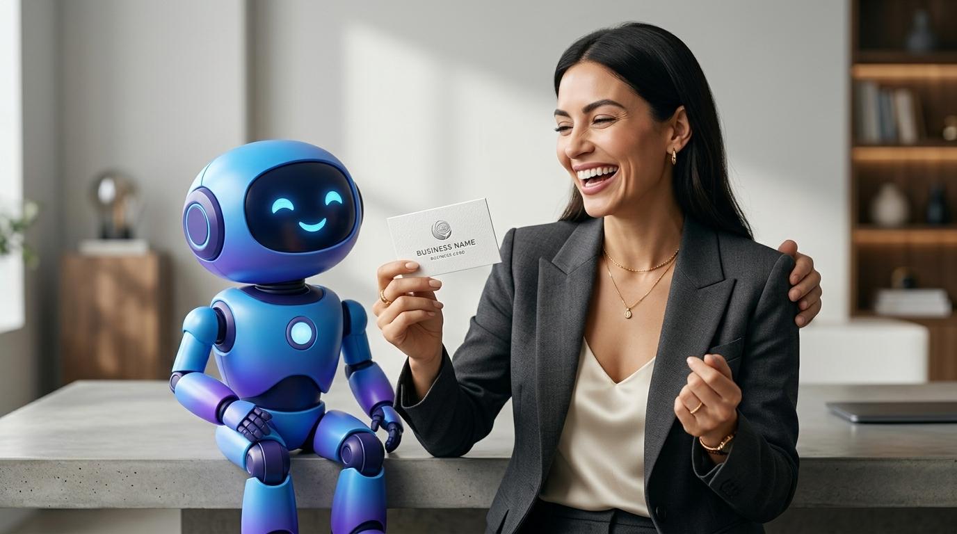 Bruno showing a businesswoman her new premium business card while they laugh together
