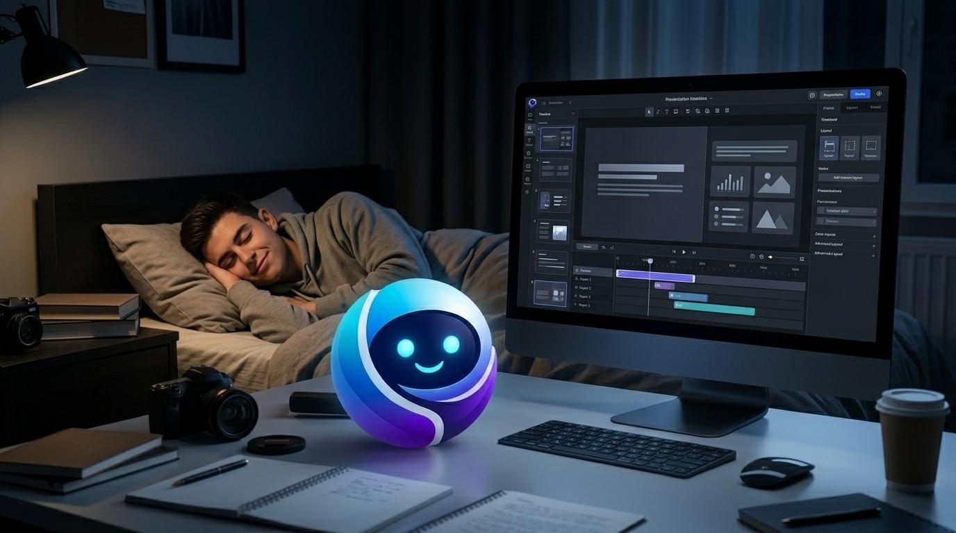 Bruno preparing a premium presentation while a student sleeps in his dorm room